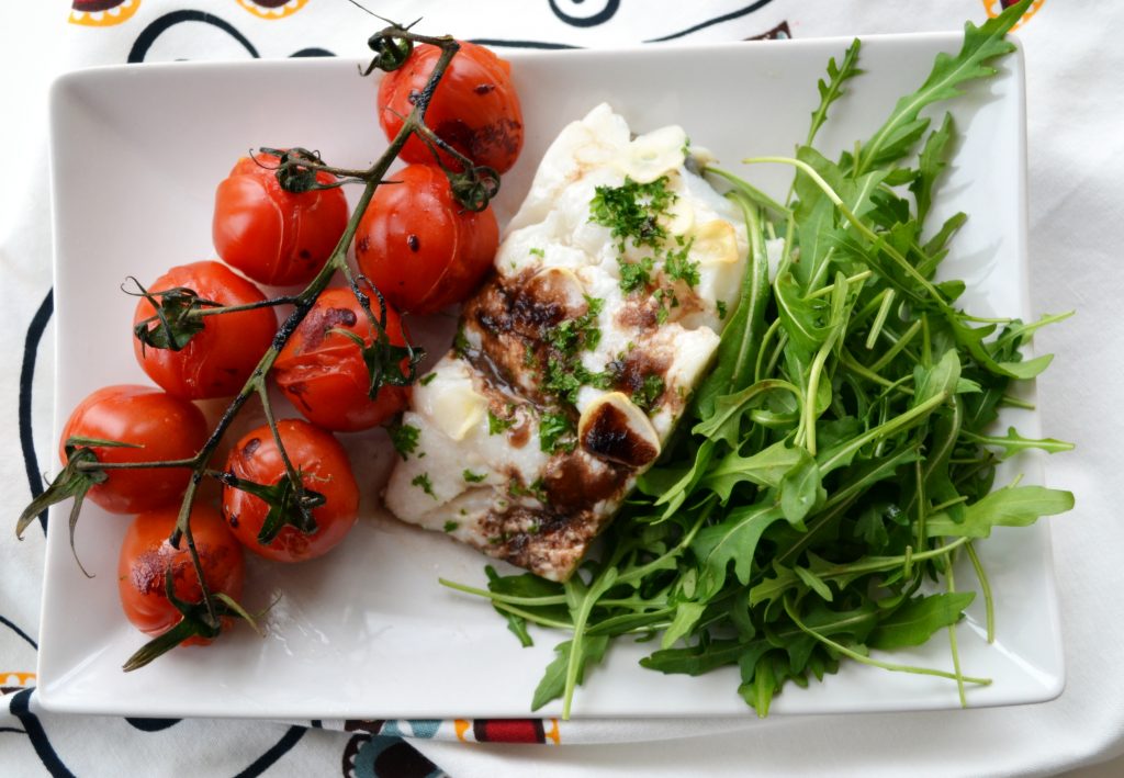 Pollack with tomatoes and rocket; fish recipe; quick and easy fish recipe