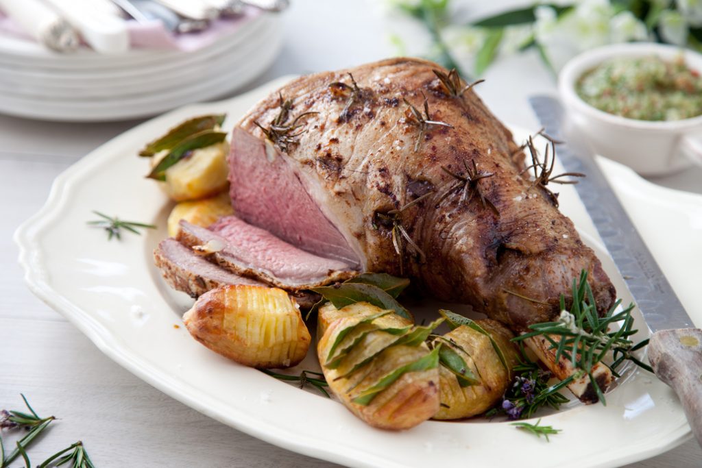 Simply Spiced Leg of Lamb, Hasselback Roast Potatoes and Mint Chutney