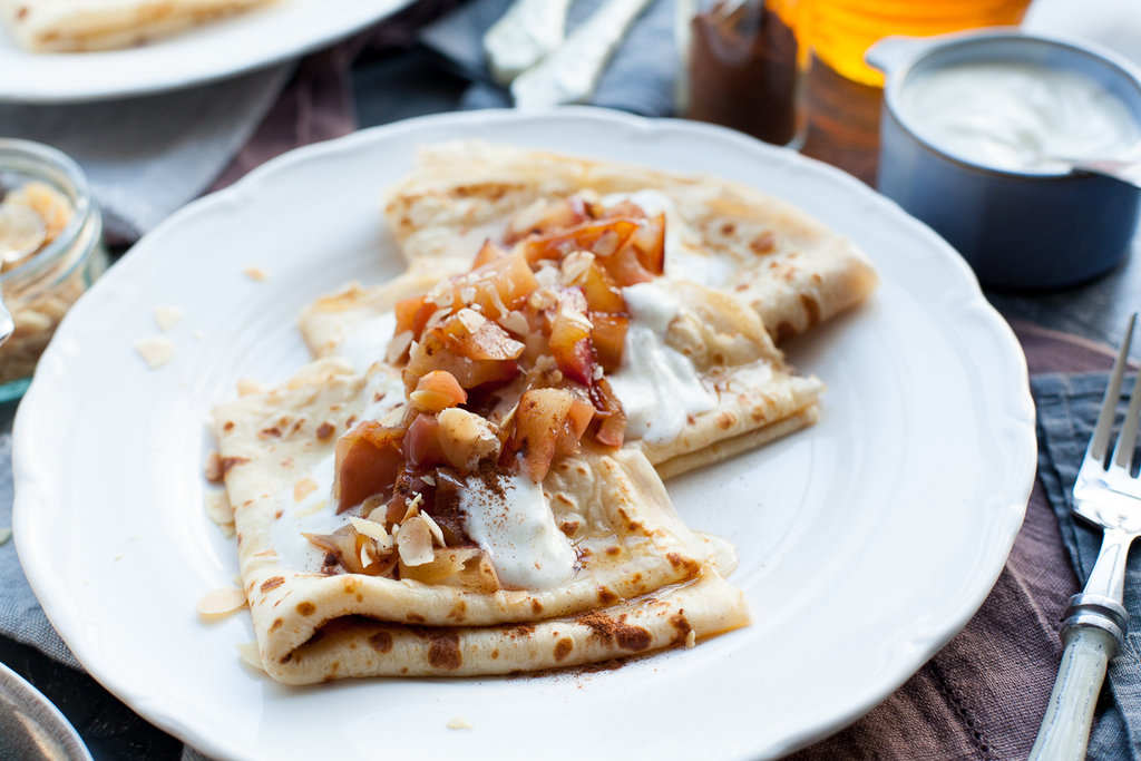 stewed apple cinnamon yogurt almond and honey crepese pancake tuesday national dairy council