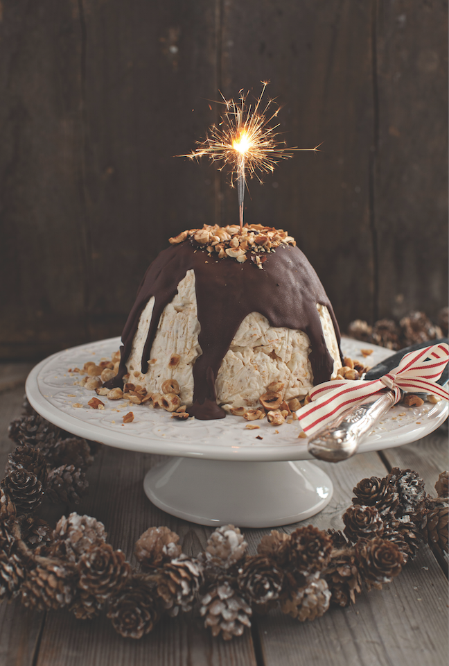 Frosted Meringue Christmas Pudding with Chocolate Sauce and Toasted Hazelnuts Darina Allen