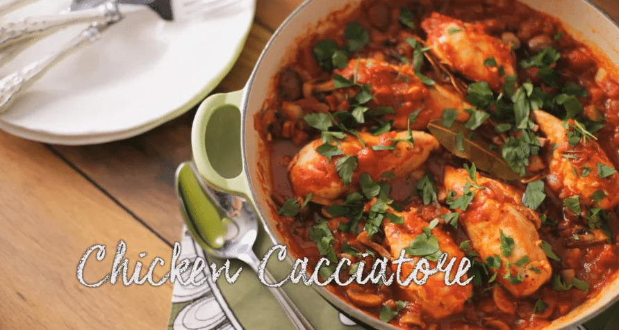 Chicken Cacciatore A classic Italian dish that's hearty, warming and easy to make. Using only chicken breast also makes this a fantastic healthy dinner option! Serve with soft polenta or crusty bread, the perfect thing for mopping up every last bit of delicious sauce.