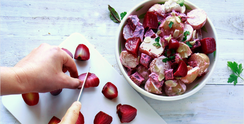 Potato Salad with Beetroot and Almond – Recipe from Sinead Delahunty’s amazing cookbook Delalicious, I Love Cooking Ireland, Vegetarian recipes, healthy eating, healthy recipes