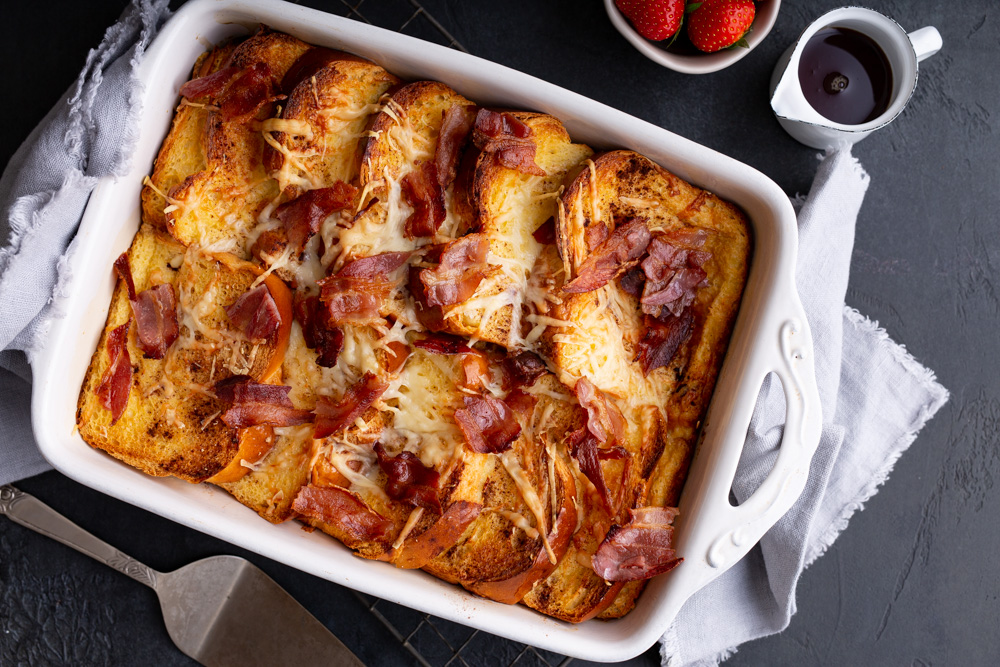 Bacon & Gruyere Baked French Toast, Baked French toast, Brunch recipe, breakfast recipe