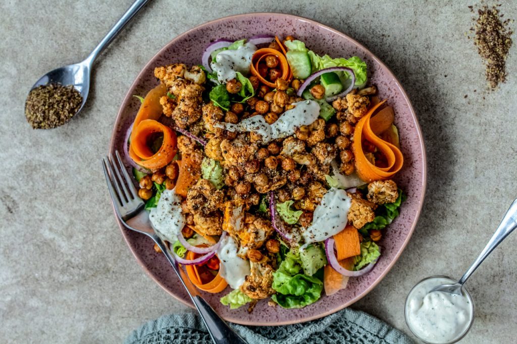 Buffalo Chickpea and Cauliflower Salad, vegan salad recipe, vegan recipe, vegan, I Love Cooking vegan, Michelle Hunt, Peachy Palate