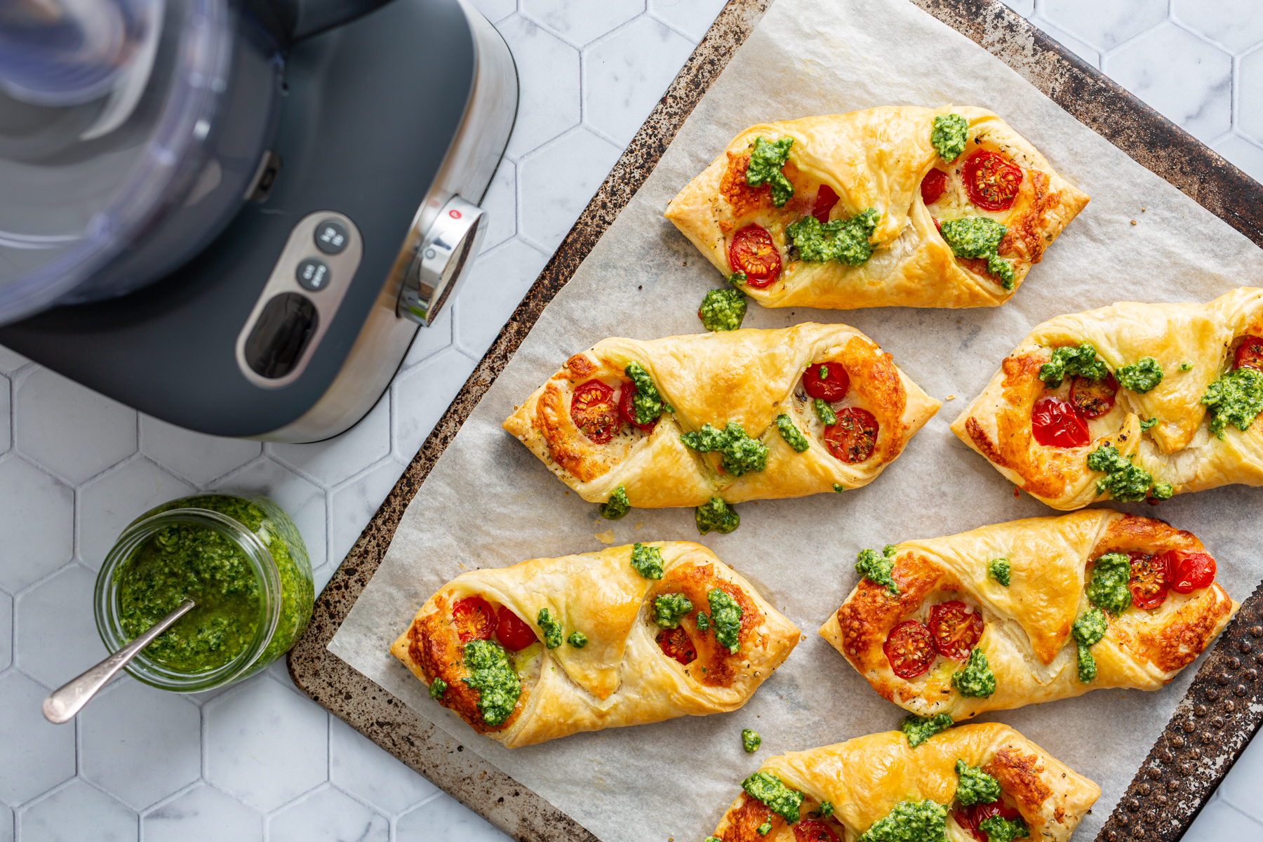 Tomato & Mozzarella Pastries with Pesto